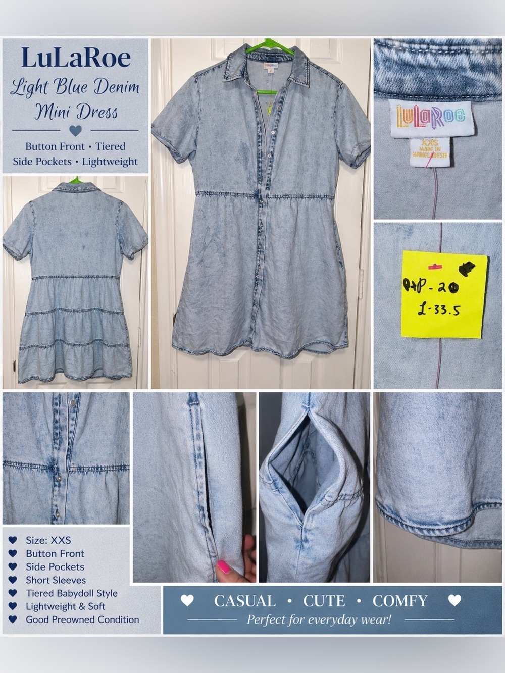 LuLaRoe Acid Wash Denim Mini Dress XXS Button Front Babydoll